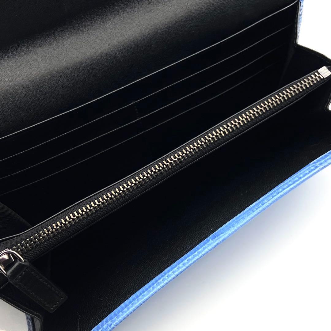 希少/極美品● ブルガリ 長財布 二つ折り ロゴ金具 リザード ブルー レザー