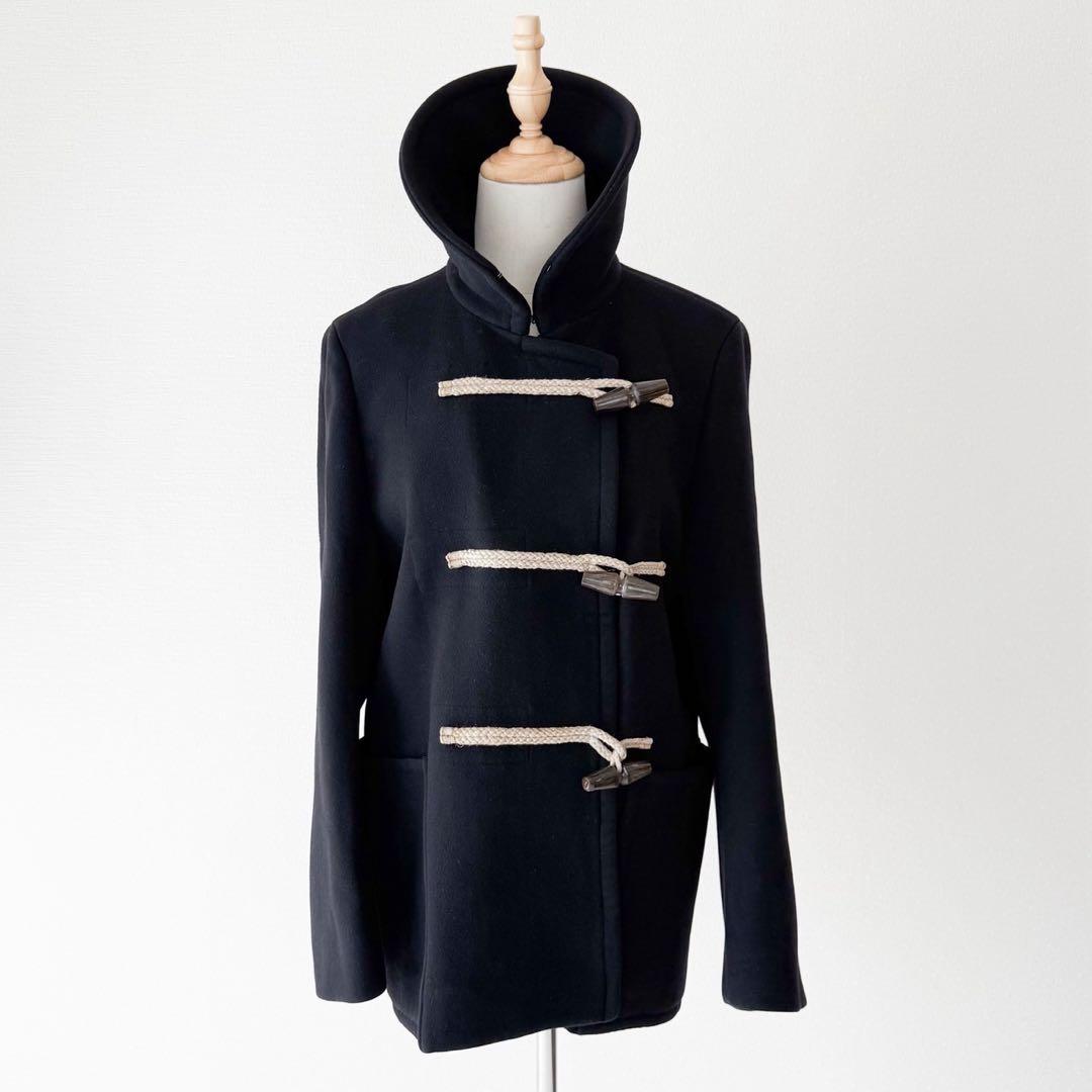 名品 HERMES ウールダッフルコート アウター ショート丈 ブラック 38