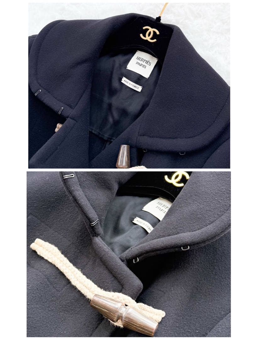 名品 HERMES ウールダッフルコート アウター ショート丈 ブラック 38