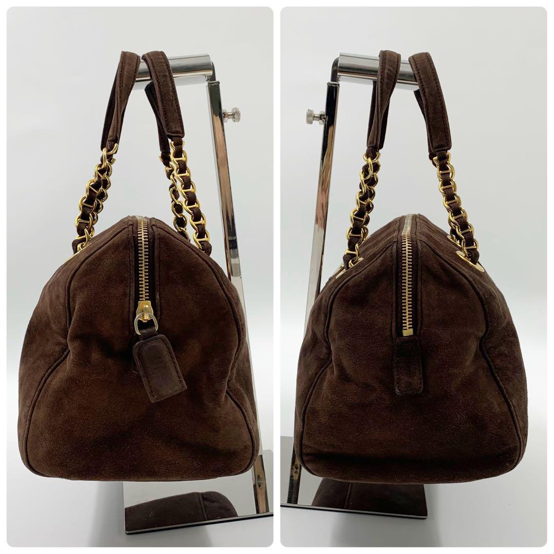 【✨極美品✨】プラダ ミニボストンバッグ 三角ロゴ スウェード ブラウン