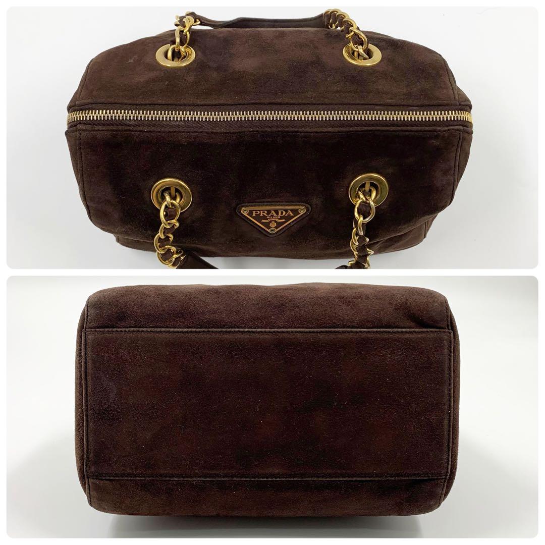 【✨極美品✨】プラダ ミニボストンバッグ 三角ロゴ スウェード ブラウン