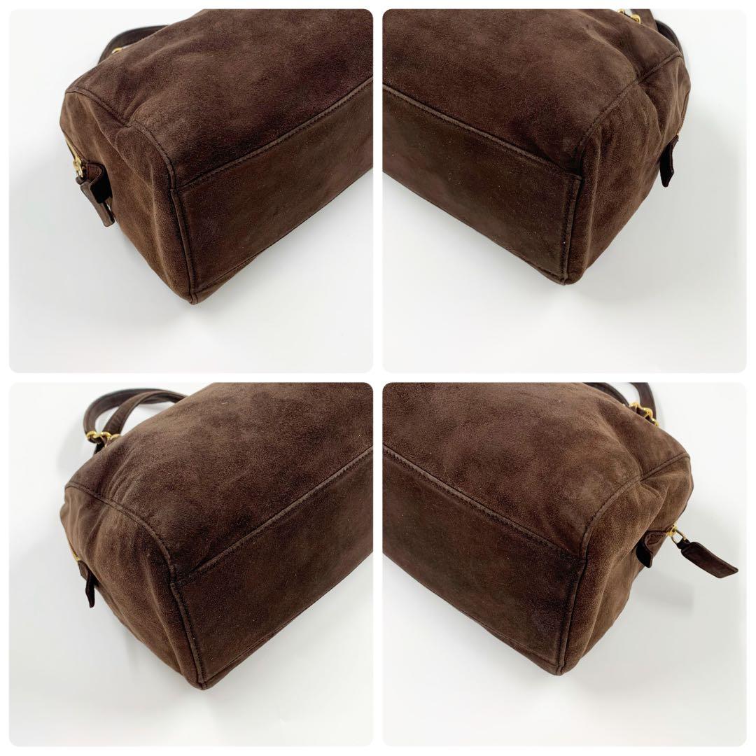 【✨極美品✨】プラダ ミニボストンバッグ 三角ロゴ スウェード ブラウン