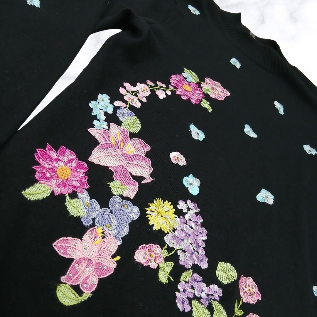 【美品】 LEONARD SPORT カシミヤ シルク刺繍セーター 黒38