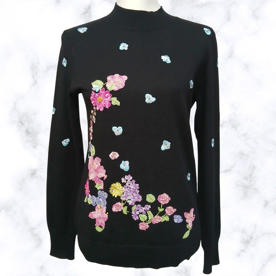 【美品】 LEONARD SPORT カシミヤ シルク刺繍セーター 黒38