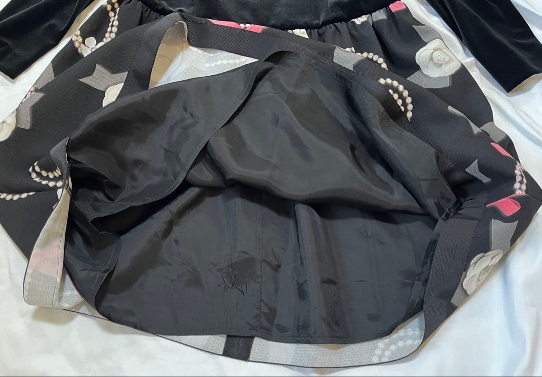 【極美品】M'S GRACY ワンピース ベロア カメリア リボン パール柄