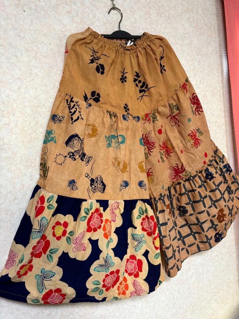 柿渋染め手ぬぐいの3段ティアードパンツ　浴衣リメイク　ゾウ　おかめ　祭り半纏