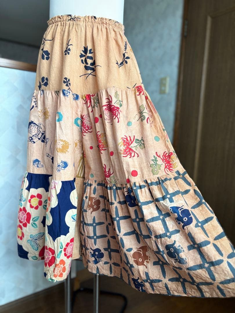 柿渋染め手ぬぐいの3段ティアードパンツ　浴衣リメイク　ゾウ　おかめ　祭り半纏