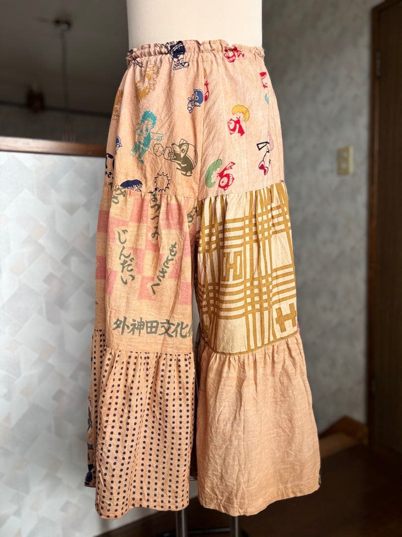 柿渋染め手ぬぐいの3段ティアードパンツ　浴衣リメイク　ゾウ　おかめ　祭り半纏