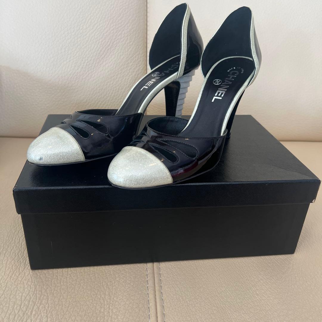 CHANEL ブラック シルバー ハイヒール