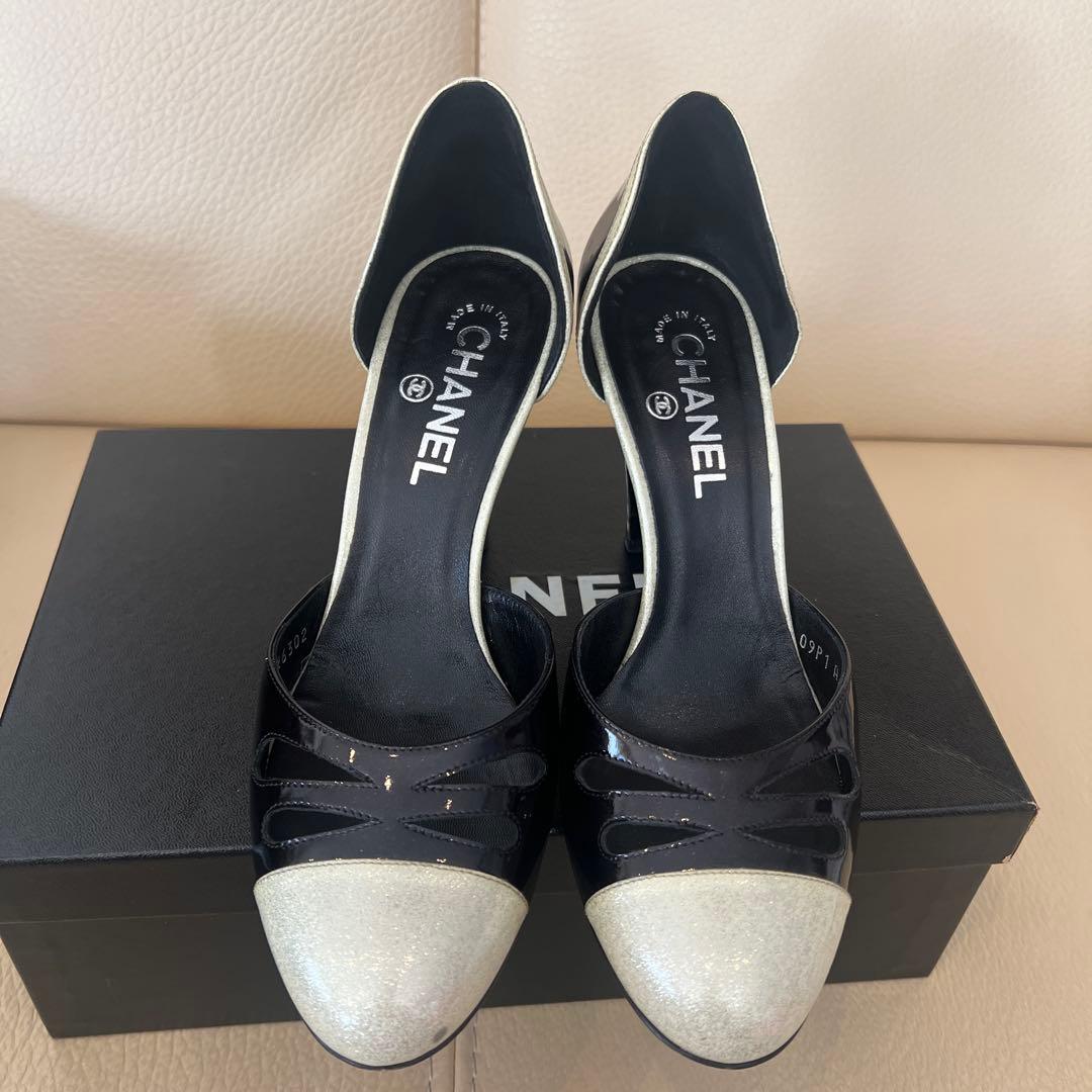 CHANEL ブラック シルバー ハイヒール