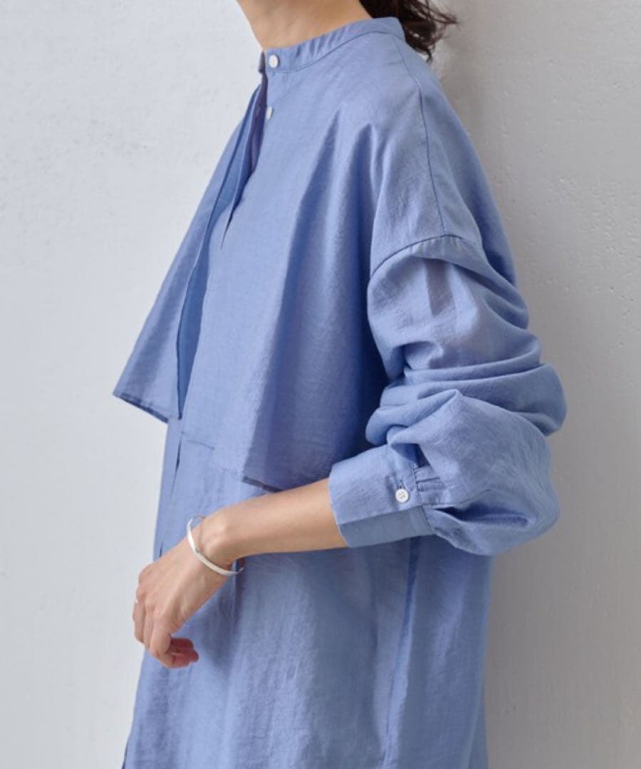 ✨定価2.2万円✨ビアズリー　レイヤードシャツ　バンドカラー　とろみ素材　ブルー