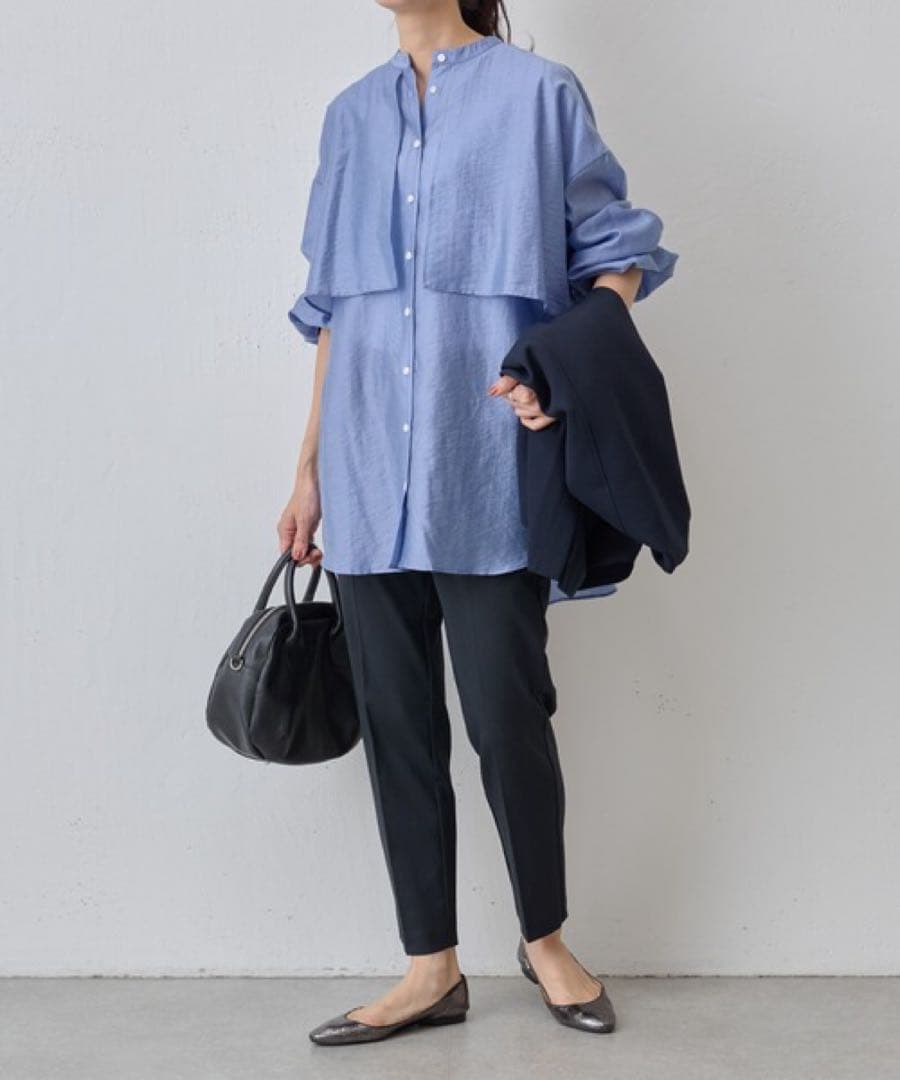 ✨定価2.2万円✨ビアズリー　レイヤードシャツ　バンドカラー　とろみ素材　ブルー