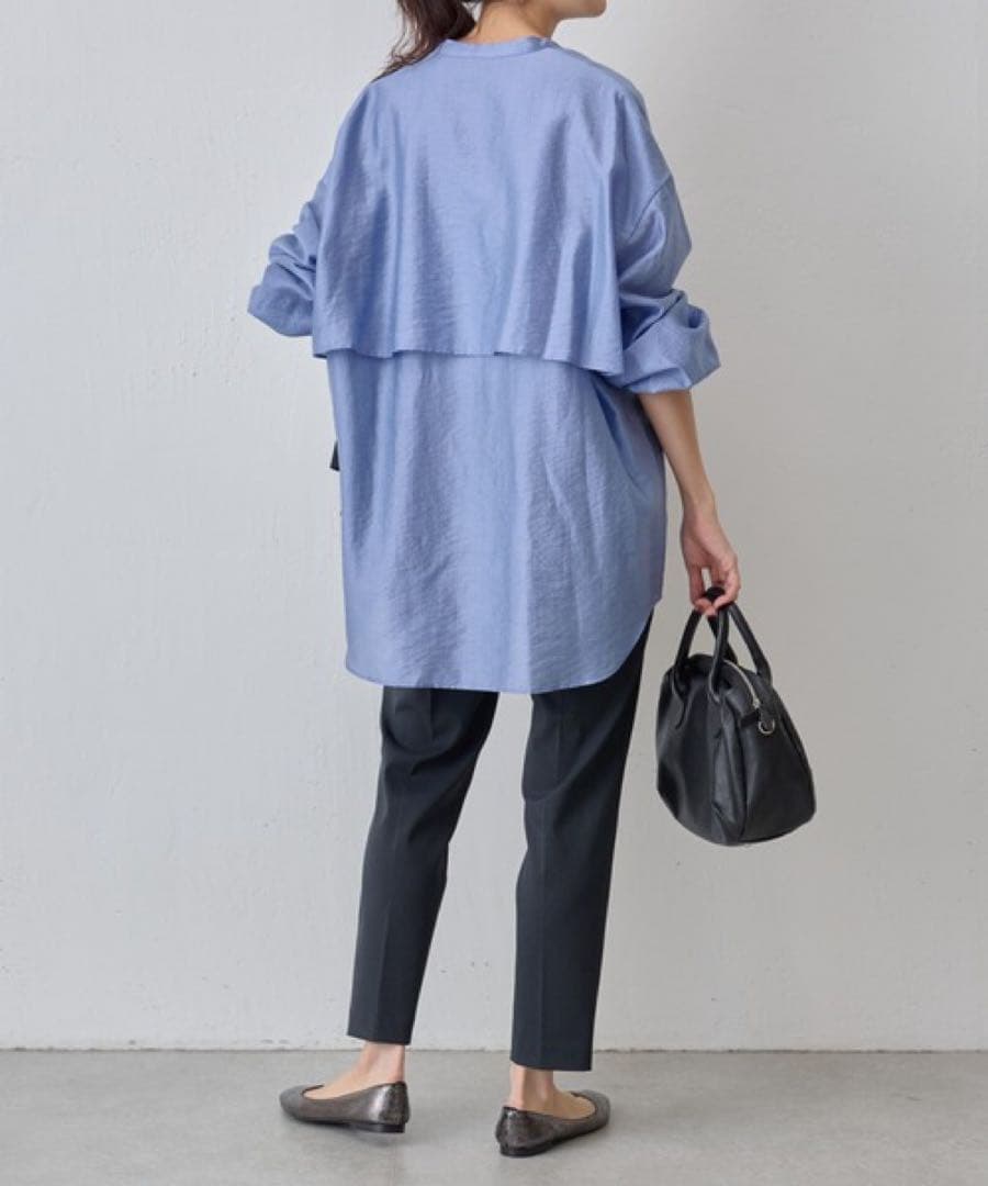 ✨定価2.2万円✨ビアズリー　レイヤードシャツ　バンドカラー　とろみ素材　ブルー