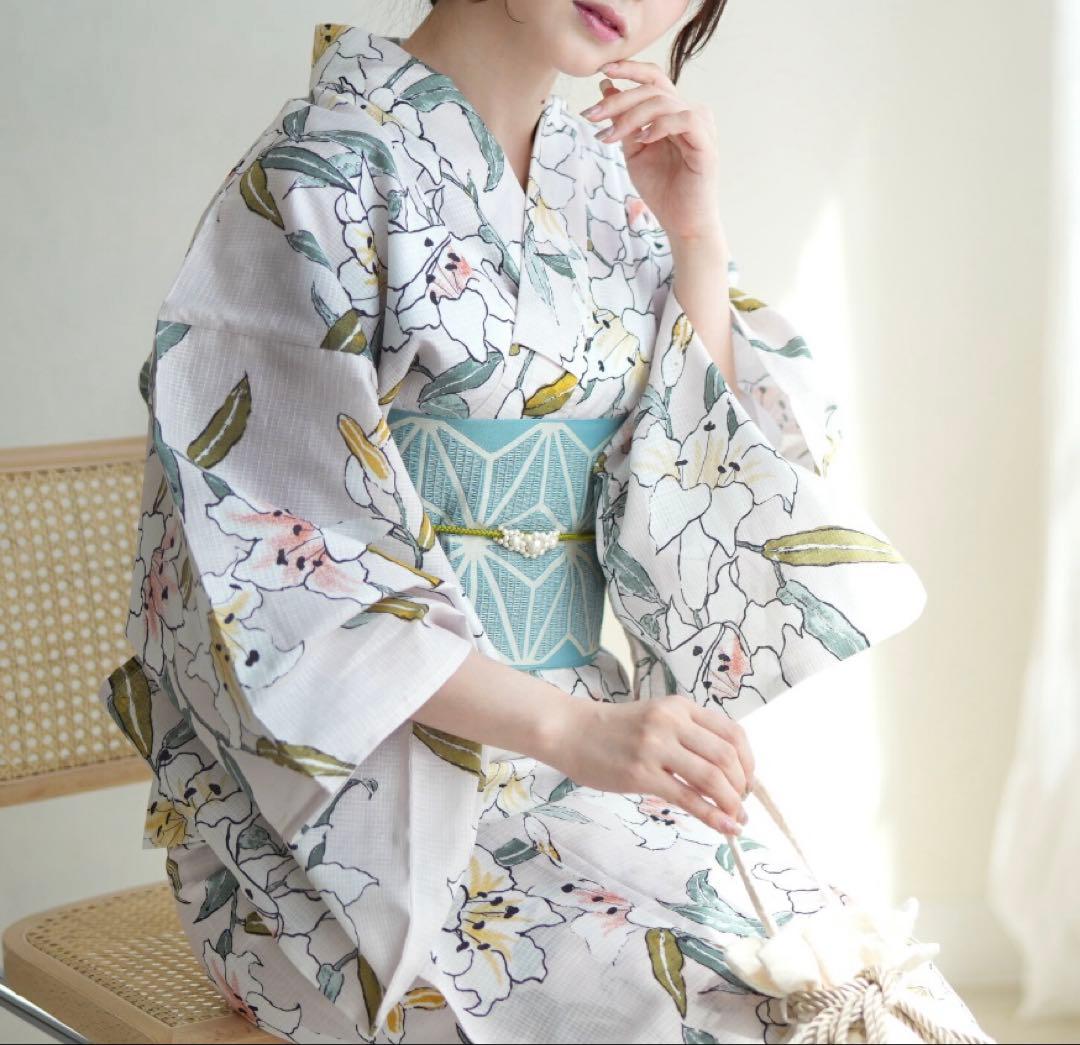 【utatane 高級変わり織 浴衣3点セット ペールピンクにシアーな百合】