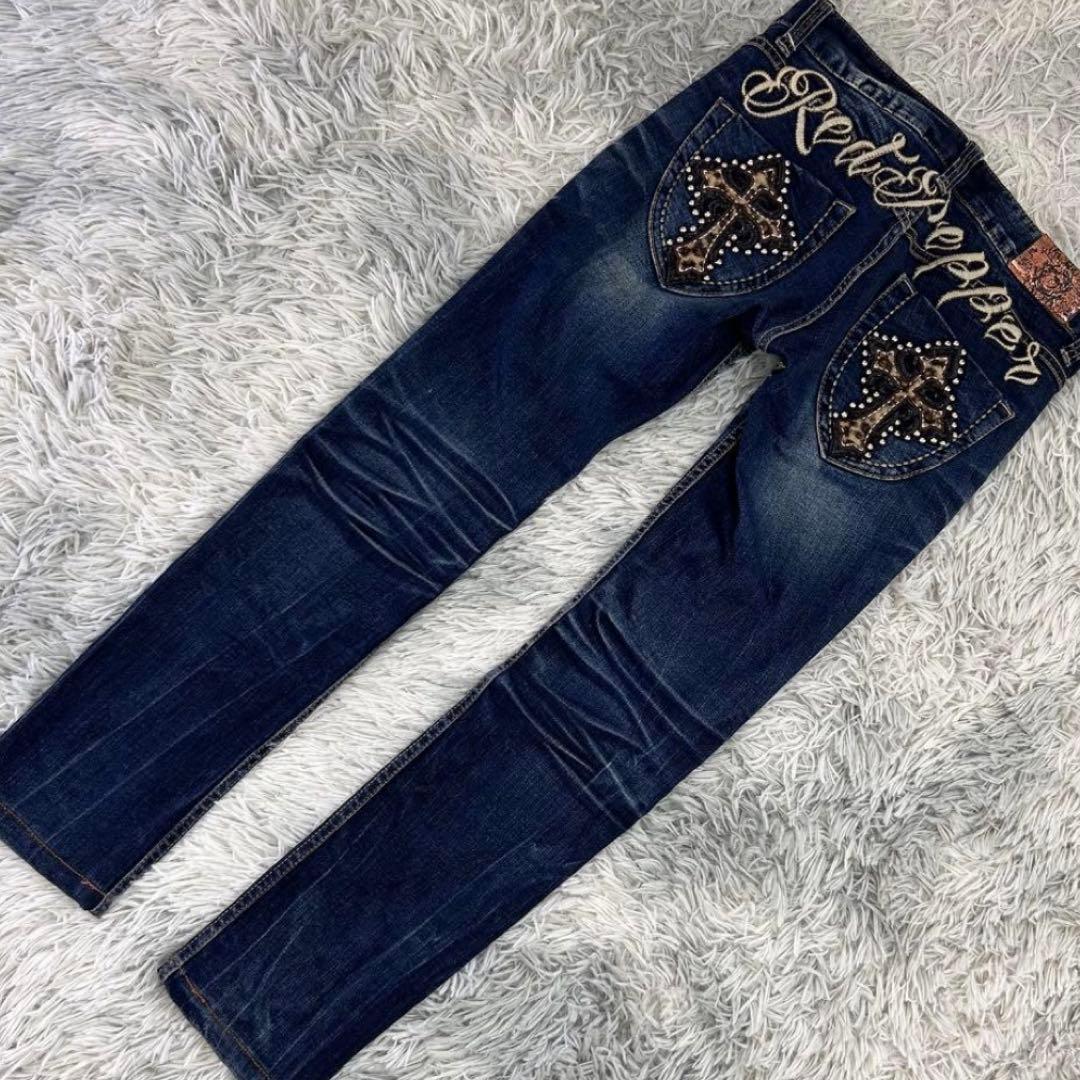 【レッドペッパー】　十字架 ローライズデニム ロゴ刺繍 ヒョウ柄　デニム