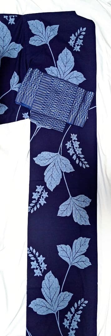あやのん★百貨店仕立浴衣葉柄花柄藍色ネイビーくすみブルー注染紺地紺色高島屋