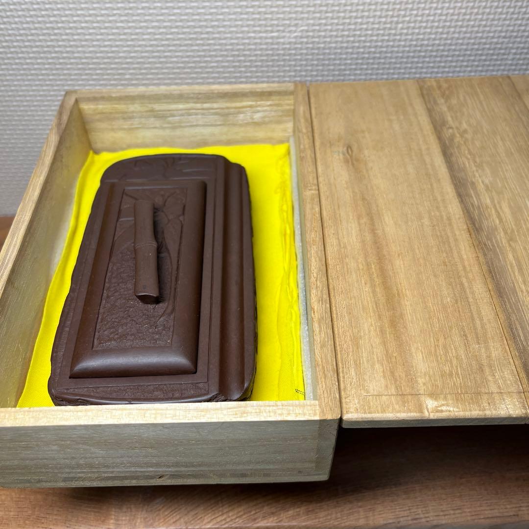 ⭕️赤間硯　蓋付き　木村玉池堂　華泉作　笹竹彫刻の若竹研　綺麗　共桐箱