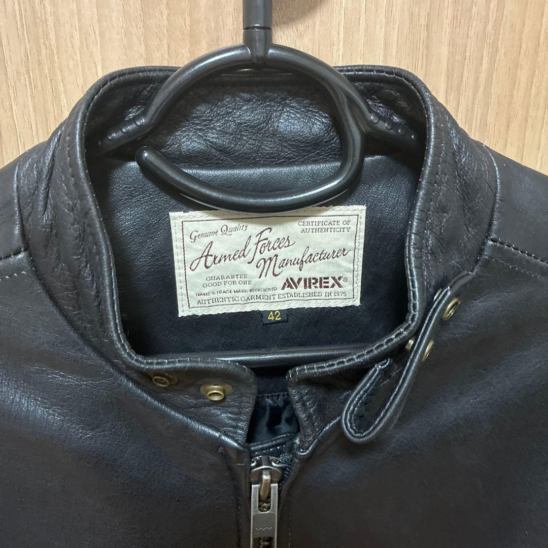 AVIREX ブラックレザーシングルライダースジャケット 42