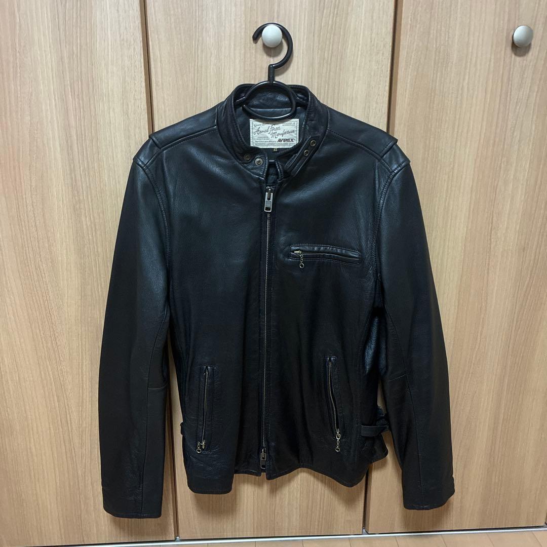 AVIREX ブラックレザーシングルライダースジャケット 42