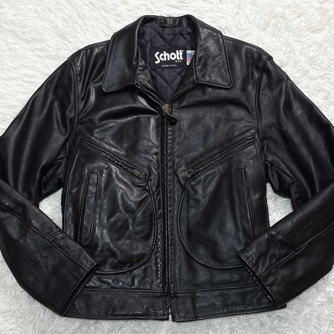 L相当 ⭐️schott 637 レザージャケット　キルティング　Dポケット　黒