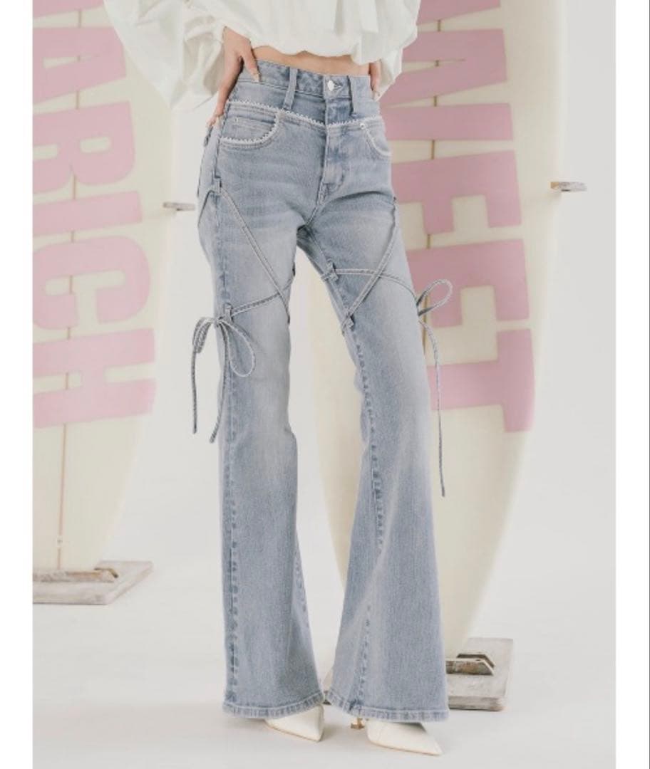 Darchi ピコレースハイウエストフレアデニム