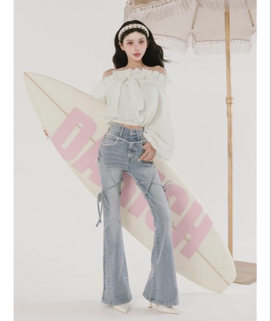 Darchi ピコレースハイウエストフレアデニム