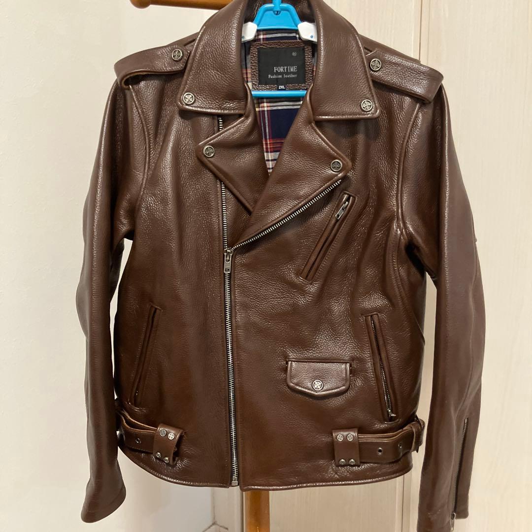 極美品　FORTIME ブラウン レザーダブルライダースジャケット2XL