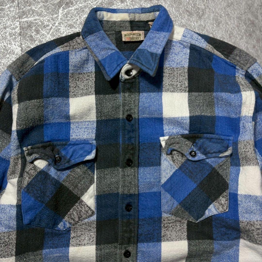 90s FIVE BROTHER ブロックチェック 青 ブルー ヘビネル L