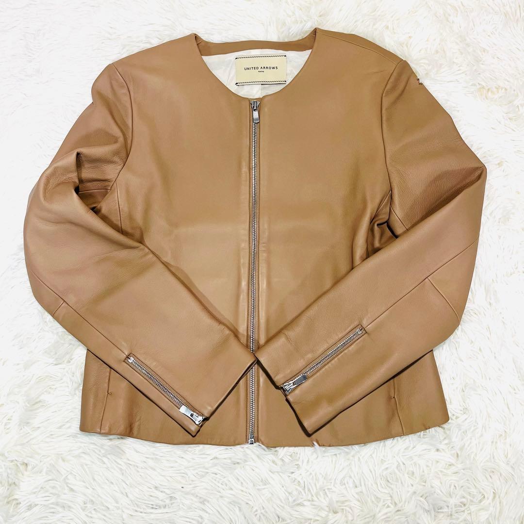 あやぼん様 ユナイテッドアローズ ノーカラーレザージャケット 羊革 ベージュ40