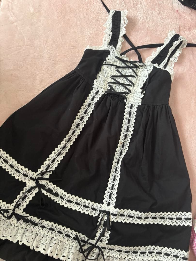 BABY ベビードールジャンパースカート 黒×オフ白 リボンコームつき