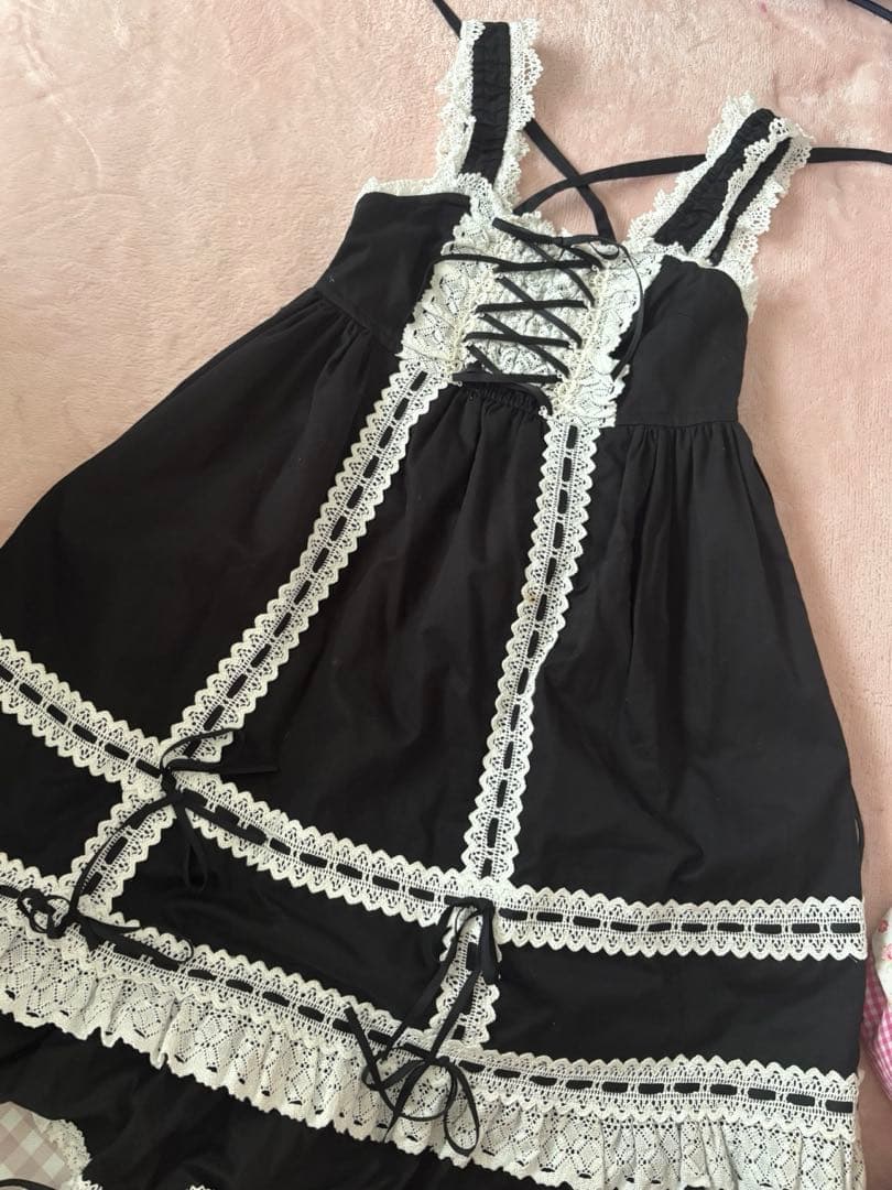 BABY ベビードールジャンパースカート 黒×オフ白 リボンコームつき