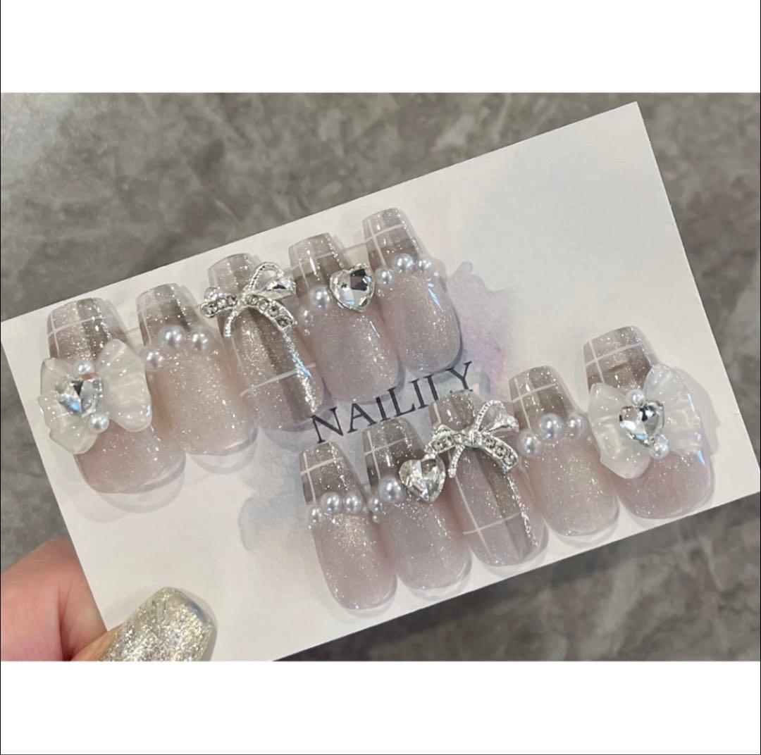 ネイルチップ マグネット ツイード 結晶 リボン キラキラ ガーリー