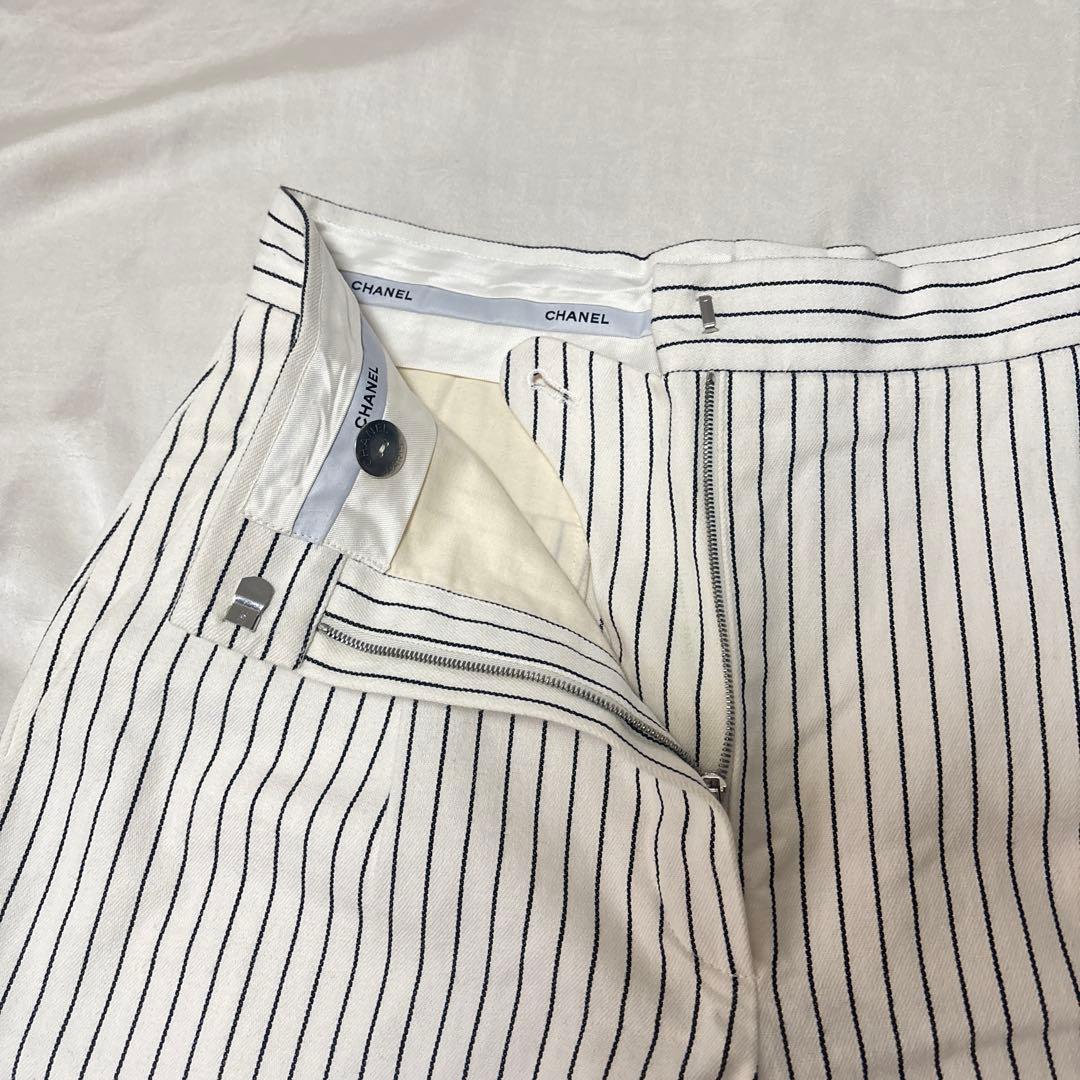 CHANEL ストライプ 七分丈 ガウチョパンツ 白 36