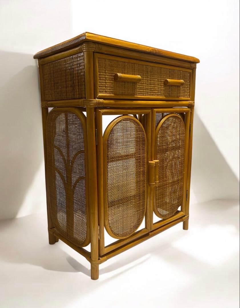 あと1000円値引き★昭和レトロ　アンティーク　ラタンの両引き出し付き花台電話台