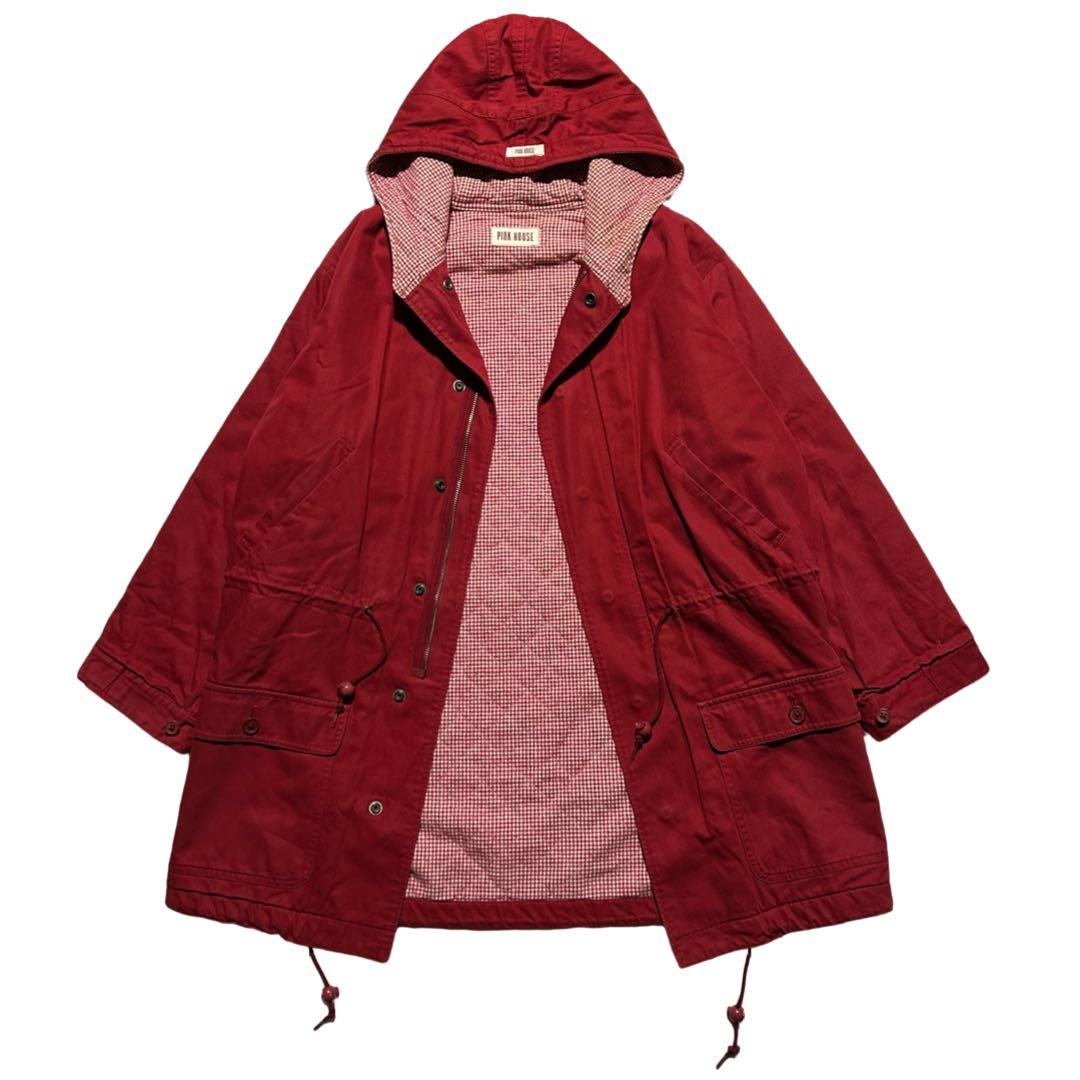 90s PINK HOUSE モッズコート ギンガムチェック ロゴ 赤 フード