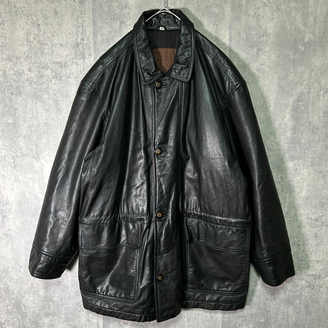 ヴィンテージ 牛革 カウレザー カーコート 黒 本革 肩パッドなし