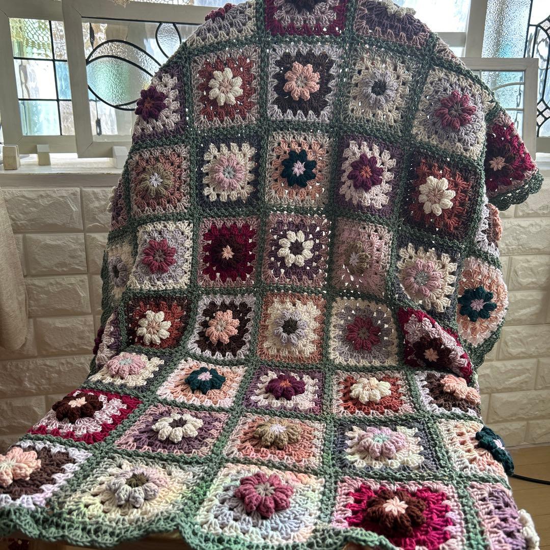 ご確認用。ぷっくり。お花のモチーフ編み マルチカバー ブランケット 手編み