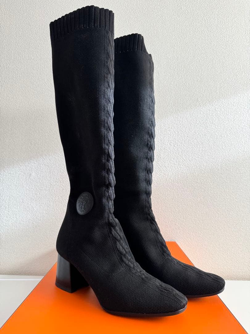正規店裏張済 HERMES エルメス フォンテーヌ 60 ニット ロングブーツ