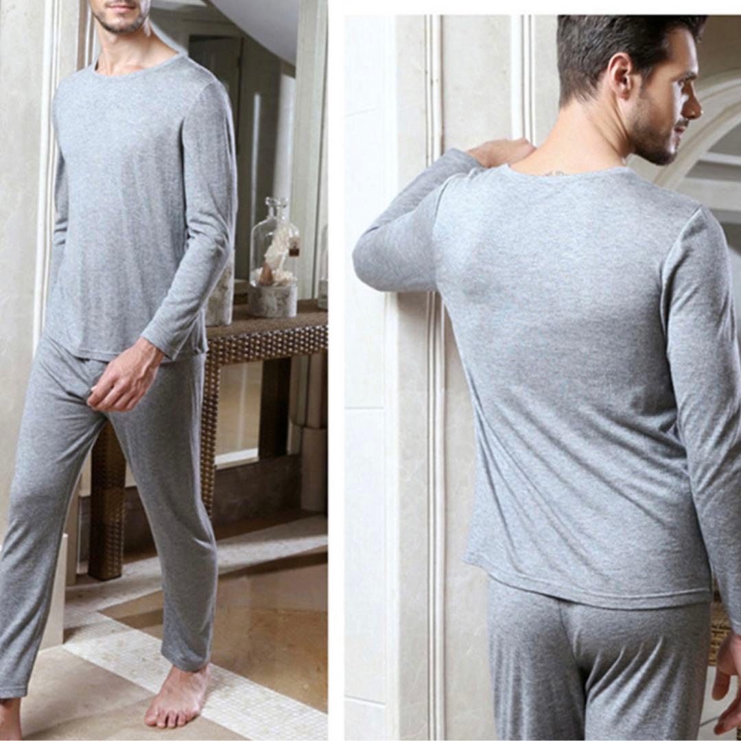 メンズシルク絹80%綿20% 肌着　インナー　パジャマ　上下セット　XL 黒