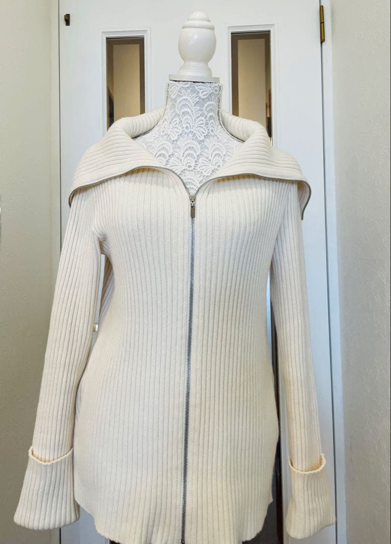 FOXEY リブニット　ジップカーディガン 38 M カシミヤ混　ビッグカラー