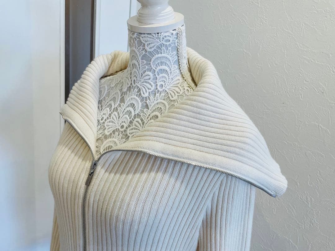 FOXEY リブニット　ジップカーディガン 38 M カシミヤ混　ビッグカラー