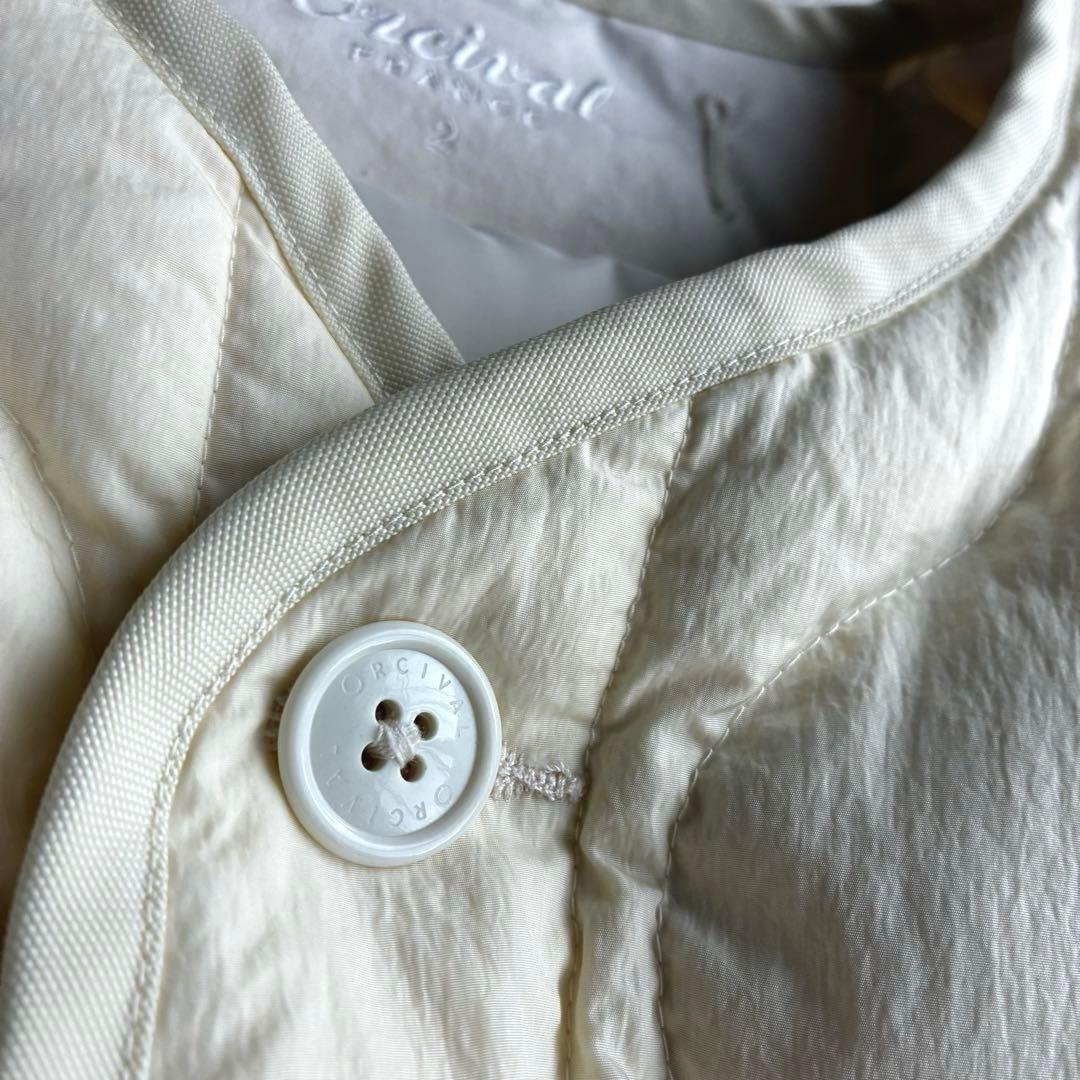 美品 オーシバル Bshop 撥水 キルトダウンカラーレスジャケット 2 生成り