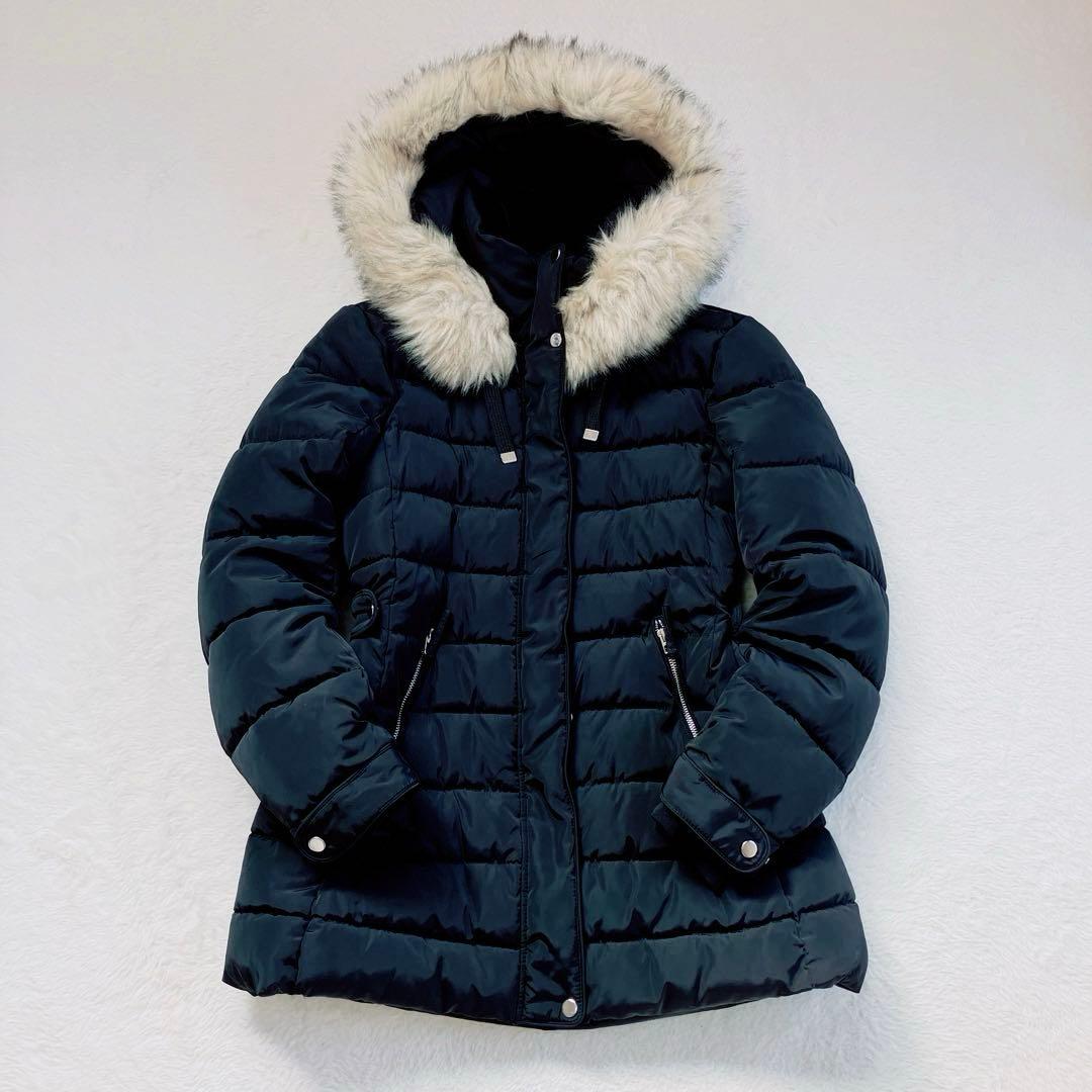 ZARA　ザラ　ファー付きフード　セミロングダウンジャケット　ブラック　黒