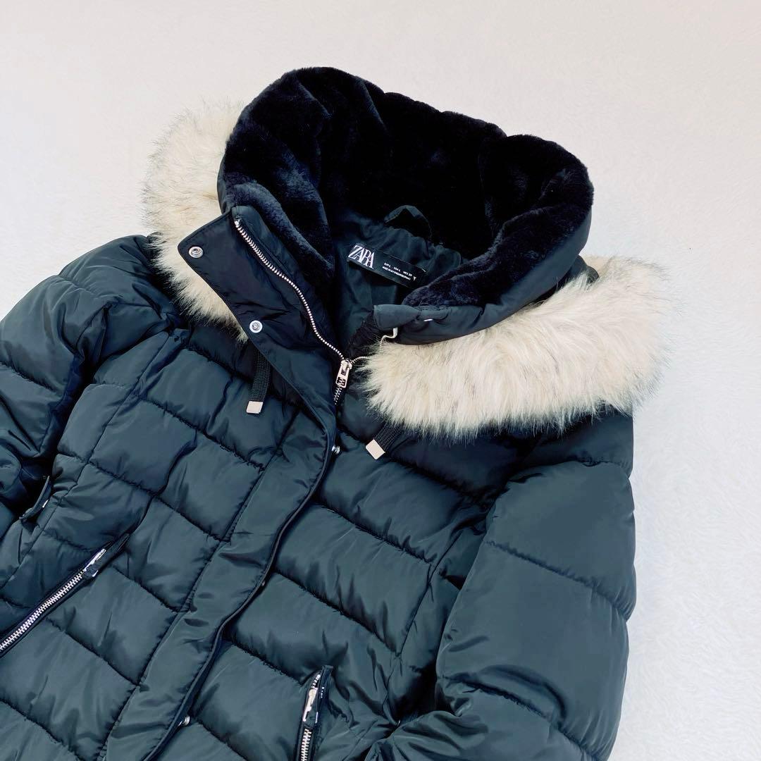 ZARA　ザラ　ファー付きフード　セミロングダウンジャケット　ブラック　黒