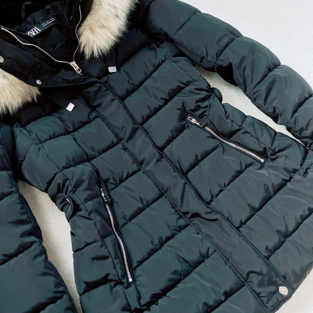 ZARA　ザラ　ファー付きフード　セミロングダウンジャケット　ブラック　黒