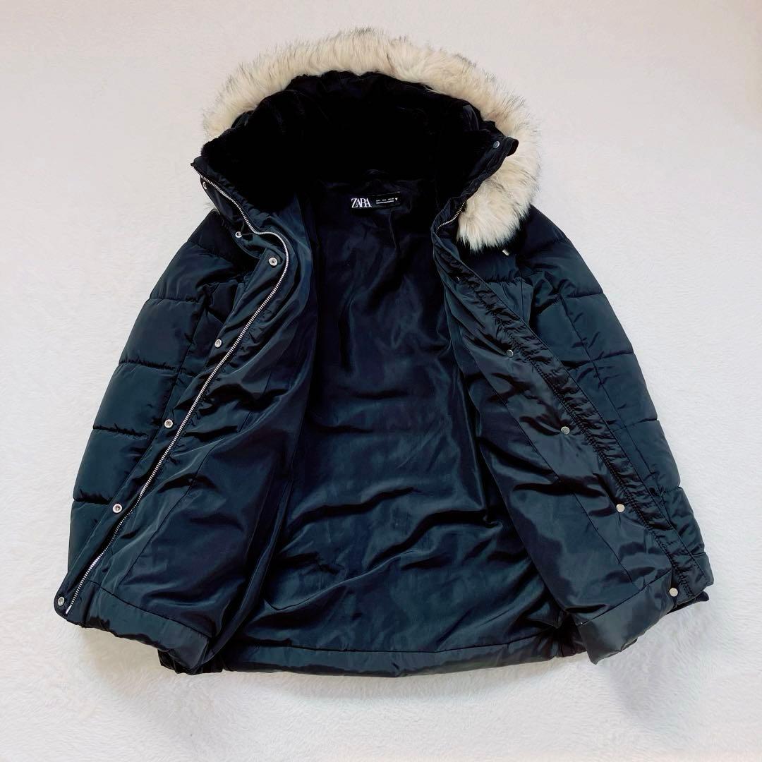 ZARA　ザラ　ファー付きフード　セミロングダウンジャケット　ブラック　黒