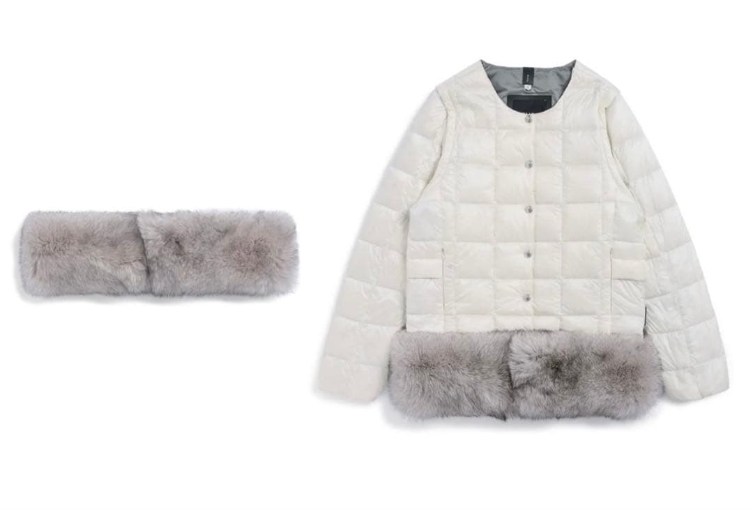 ［未使用］タイオンエクストラ クルーネックダウン 裾ファーセット 白S 翁安芸