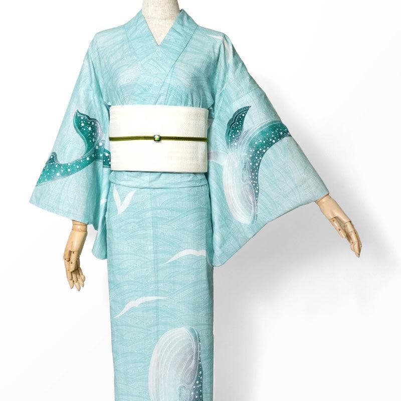 etoile.5❤️ ★ミントグリーン地にクジラと波柄★めずらしい絵羽浴衣