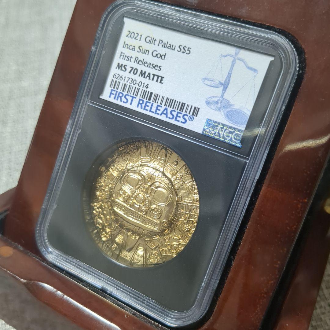 【NGC MS70】2021 パラオ $5 インカ太陽神 金色記念貨