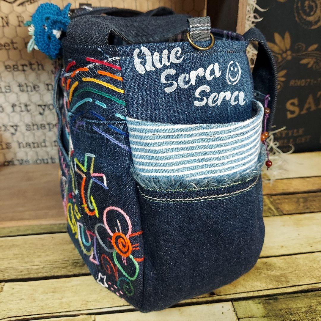 刺繍デニムバック　No.673　デニムリメイク　スマイリー　刺繍バック